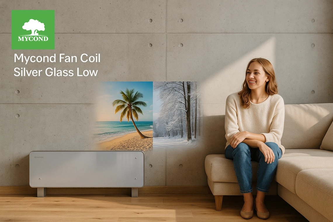 Сребърни стъклени вентилаторни конвектори в модерна система за климатичен контрол на дома.