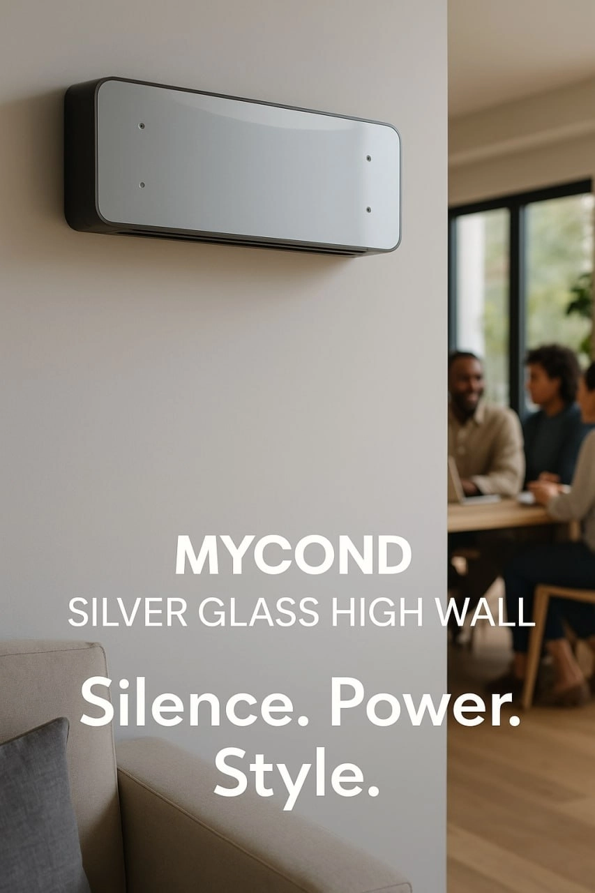 Сребърни стъклени стенни вентилаторни конвектори в съвременна домашна обстановка.