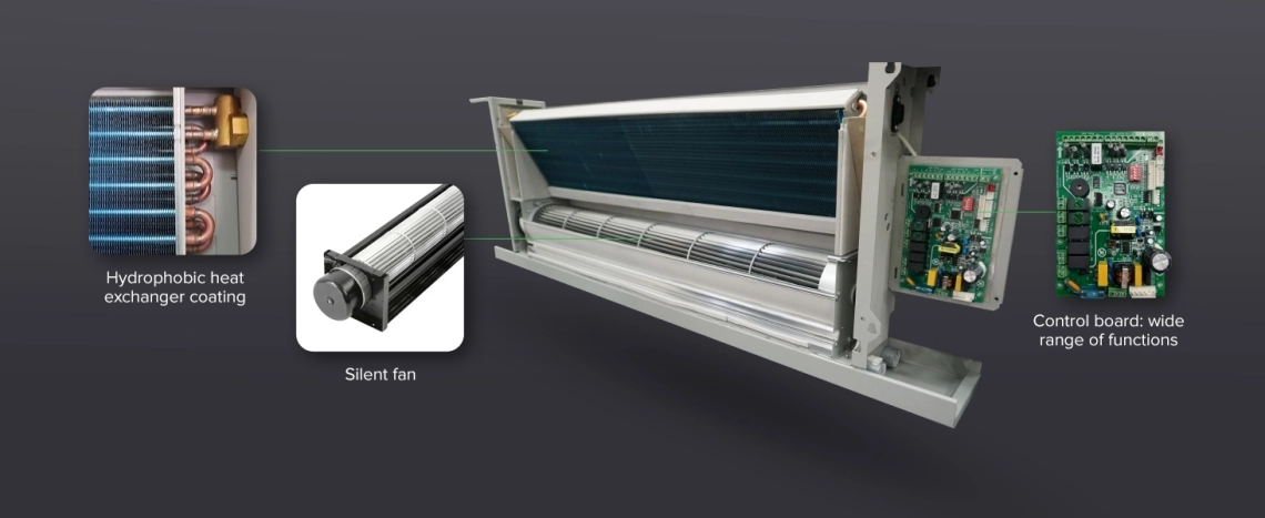 Модерен сребрист стъклен стенен вентилаторен конвектор, който подобрява стилния домашен интериор.